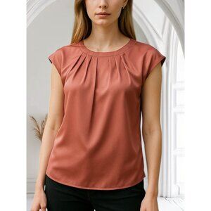 Liz Claiborne CAREER Womens Cap Sleeve Pleated Blouse Silky Shine Pink S Preppy
